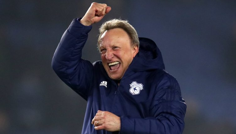 Cardiff manager Neil Warnock celebrates victory over Brighton. AMEX Stadium, 2019.