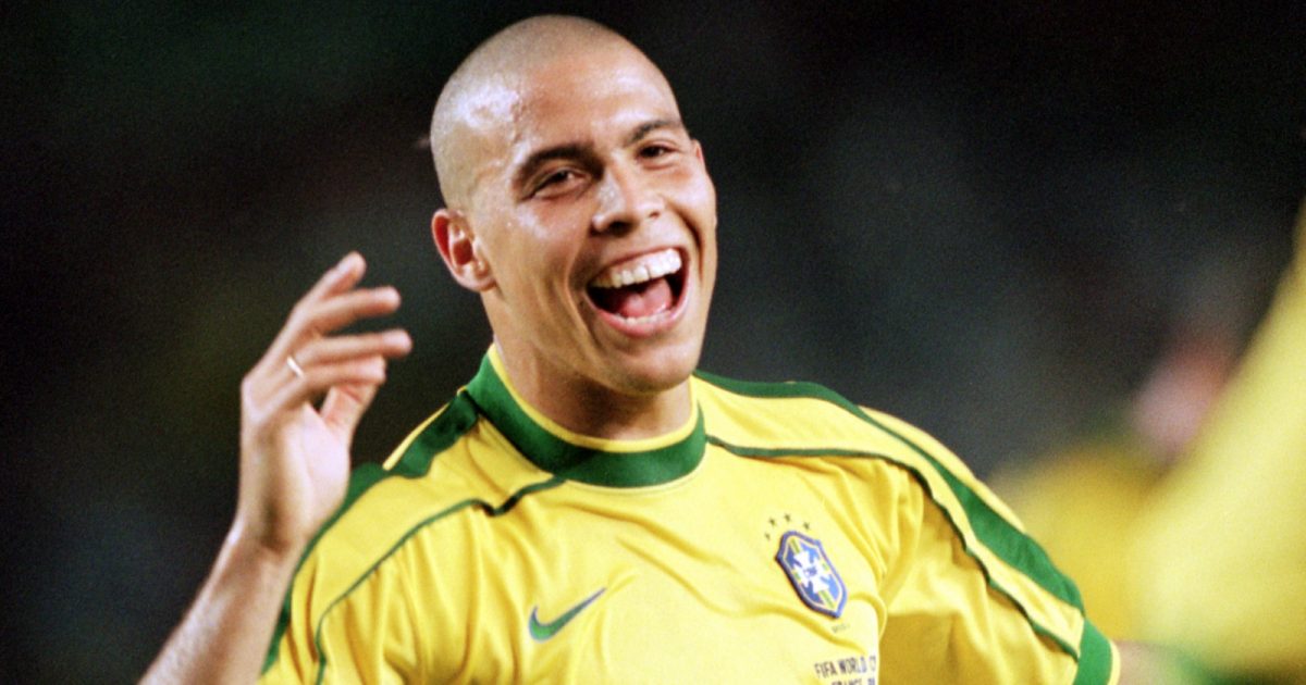 Ronaldo celebrates his second goal during the FIFA World Cup match between Brazil and Chile at Parc des Princes, Paris, France, June 1998.