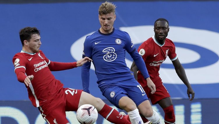 Timo Werner challenges Anderw Robertson Liverpool v Chelsea. 2020.