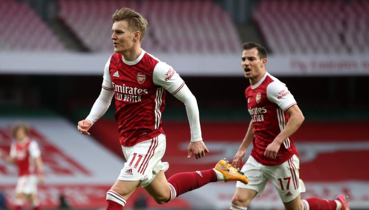 Martin Odegaard celebrates his goal in the North London Derby, Emirates Stadium, March 2021