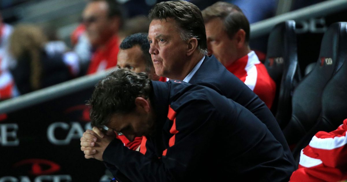 Manchester United manager Louis van Gaal and his assistants during th EFL Cup game against MK Dons at Stadium MK, Milton Keynes, UK. 26 August 2014.