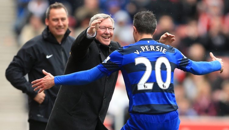 Robin van Persie and Sir Alex Ferguson celebrate Manchester United's second goal against Stoke City, April 2013.