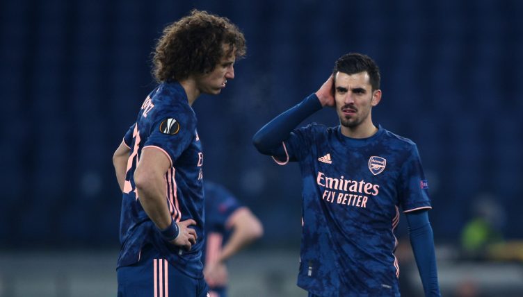 Dani Ceballos and David Luiz of Arsenal during their game against Benfica, Stadio Olimpico, February 2021.