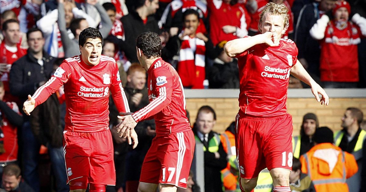 Liverpool's Dirk Kuyt celebrates scoring scoring with Luis Suarez and Rodriguez Maxi in the Premier League game against Manchester United at Anfield, Liverpool. 6 March 2011.