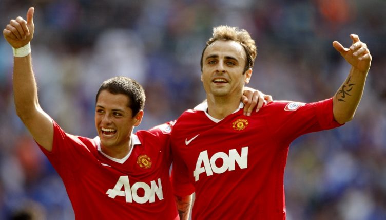 Manchester United's Dimitar Berbatov celebrates with Javier Hernandez.Wembley Stadium, August 2010..