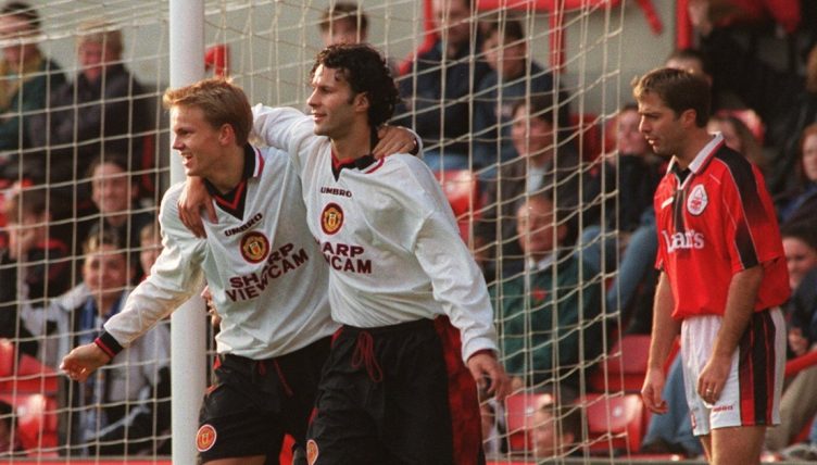Erik Nevland in a rare appearance for Man Utd, November 1996