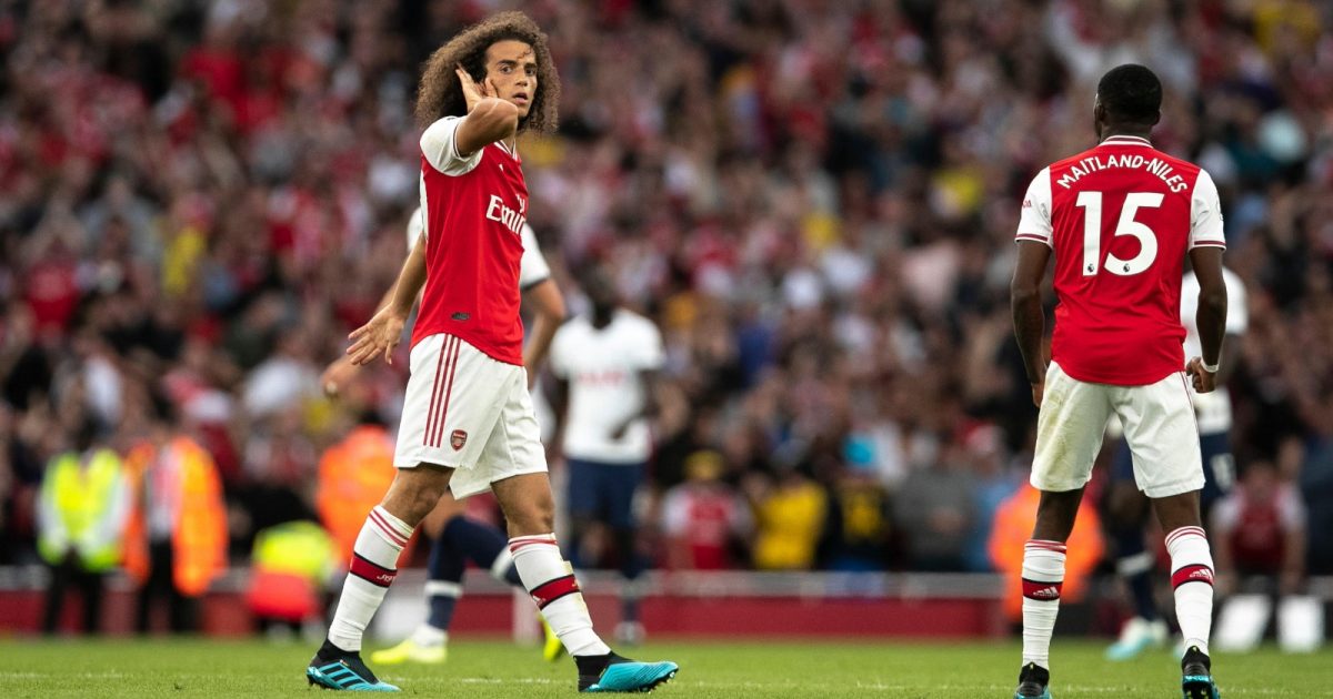 Arsenal's Matteo Guendouzi (L) celebrates team's goal during the English Premier League north London Derby match between Arsenal and Tottenham Hotspur at Emirates Stadium in London, Britain on Sept. 1, 2019.