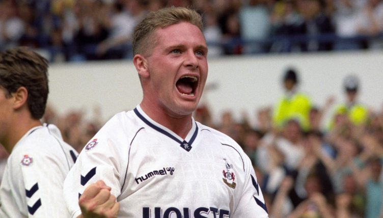 Tottenham Hotspur's Paul Gascoigne celebrates scoring against Derby County. White Hart Lane, September 1990.
