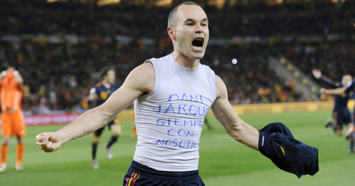 Spain midfielder Andres Iniesta celebrates the winning goal against the Netherlands in the 2010 World Cup final at Soccer City, Johannesburg, South Africa, July 2010.