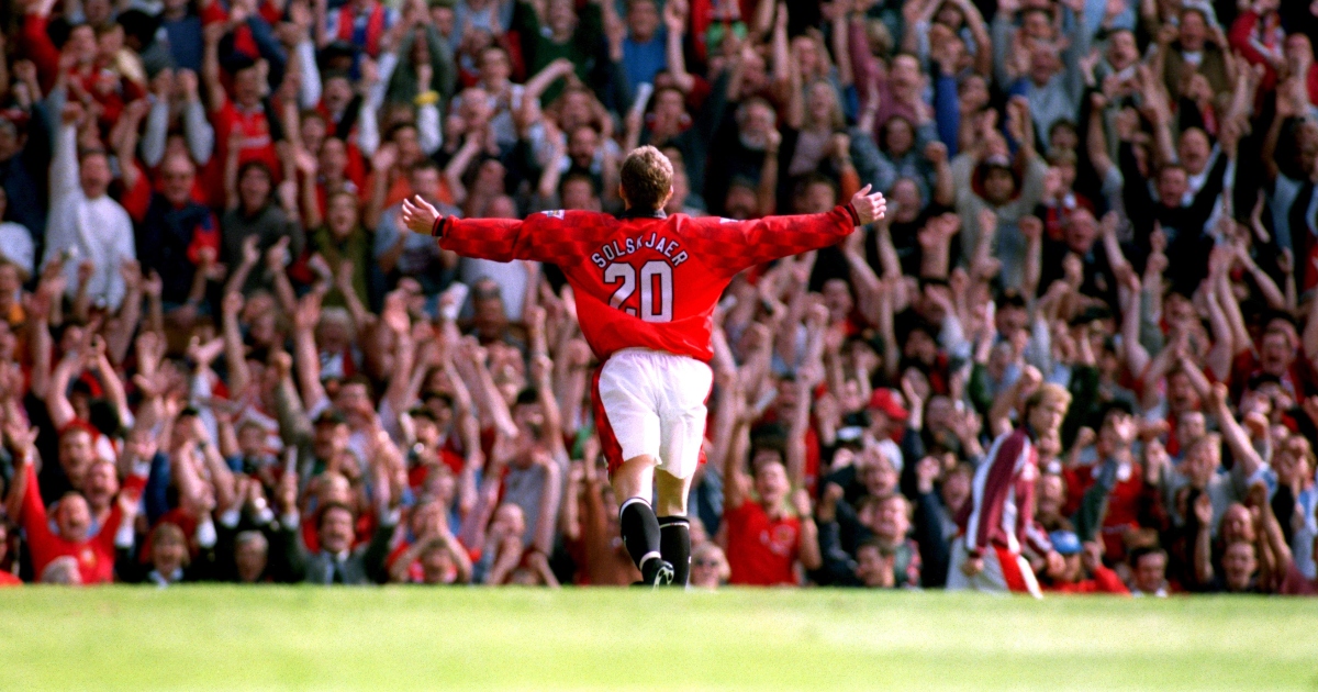 Manchester United's Ole Gunnar Solskjaer celebrates scoring against Nottingham Forest at Old Trafford, Manchester, September 1996.