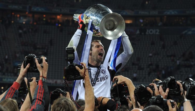 Chelsea goalkeeper Petr Cech celebrates winning the UEFA Champions League, after the final whistle, Allianz Arena, Munich, 19 May 2012