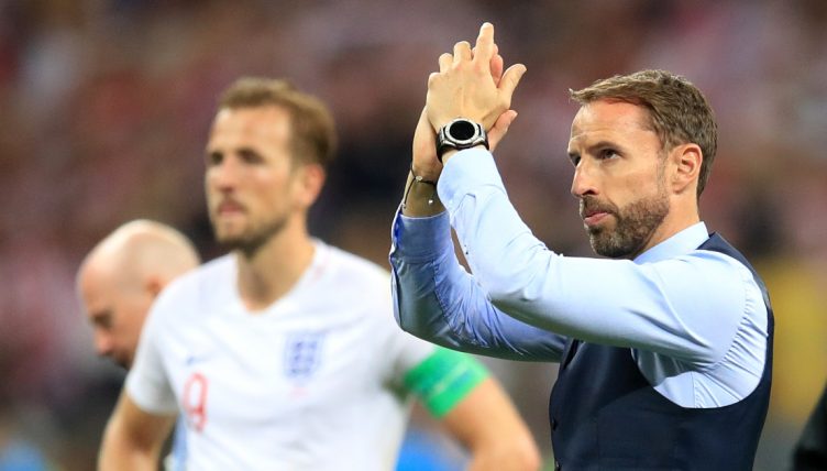England manager Gareth Southgate applauds the fans after defeat to Croatia at Luzhniki Stadium, Moscow, July 2018.