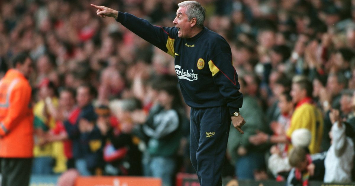Roy Evans shouts instructions during the Premier League match between Liverpool and Derby County at Anfield, Liverpool, October 1997.