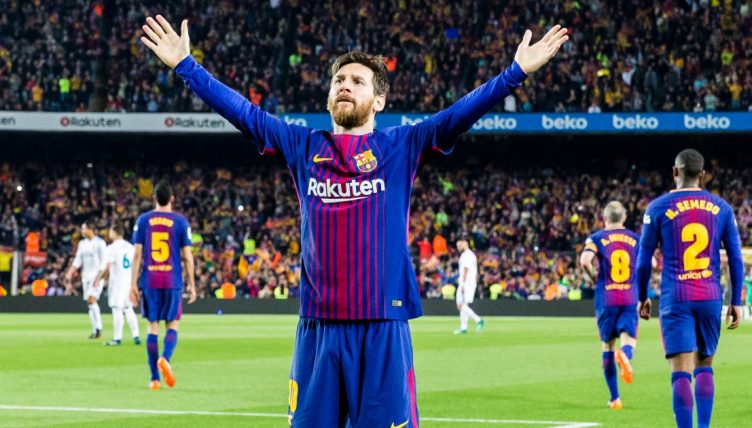 Barcelona's Lionel Messi celebrates scoring against Real Madrid at Camp Nou, Barcelona, May 2018.