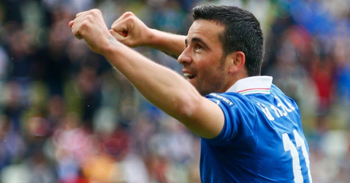 Italy's Antonio Di Natale celebrates after scoring a goal during their Group C Euro 2012 soccer match against Spain at the city stadium in Gdansk, June 10, 2012.