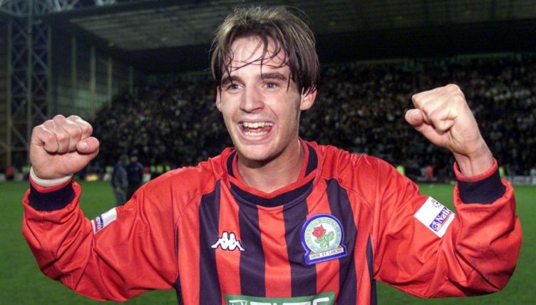 Matt Jansen celebrates scoring for Blackburn against Preston in 2002.