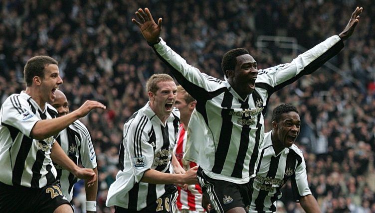 Newcastle United striker Shola Ameobi celebrates scoring, St. James' Park, Newcastle upon Tyne, 2005