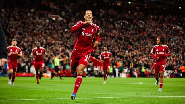 Paris, France. 17th Sep, 2025. LIVERPOOL, ENGLAND - SEPTEMBER 17: Virgil van Dijk of Liverpool celebrates after scoring the team's third and winning goal during the UEFA Champions League 2025/26 League Phase MD1 match between Liverpool and Atletico Madrid at Anfield on September 17, 2025 in Liverpool, England.