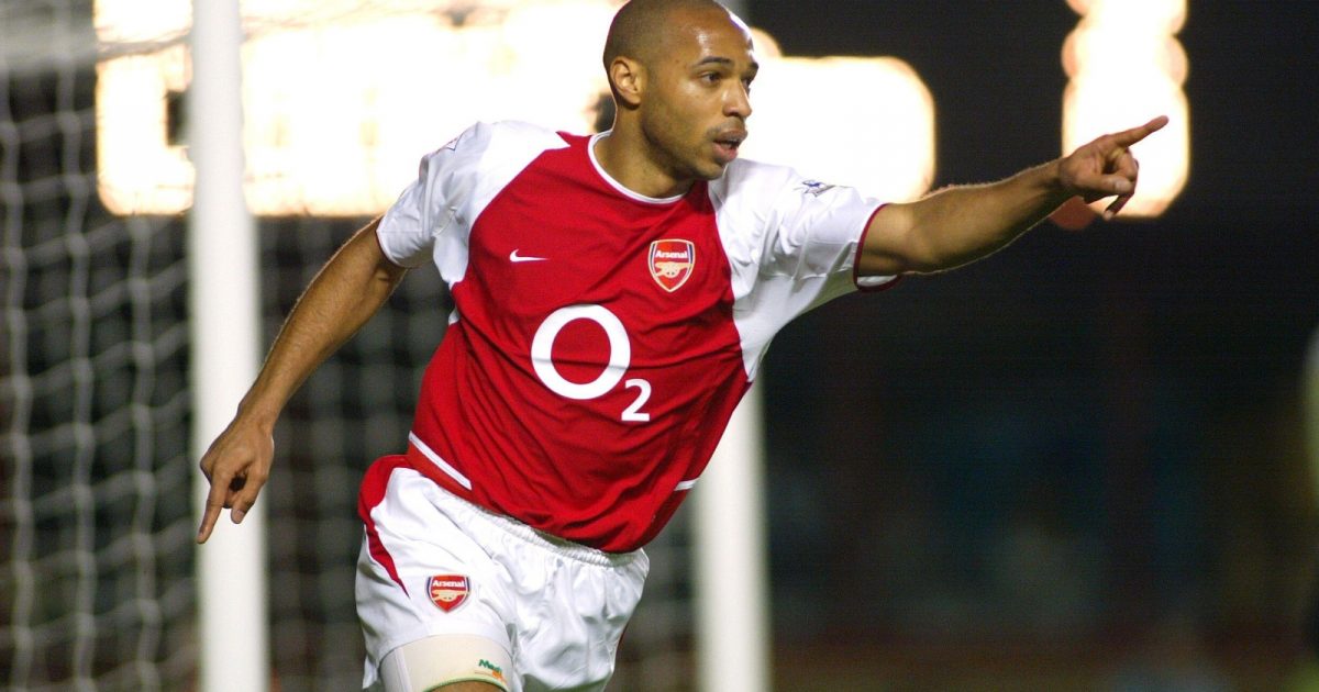 Thierry Henry celebrates scoring during the Premier League match between Arsenal and Leeds United at Highbury Stadium, London, April 2004.