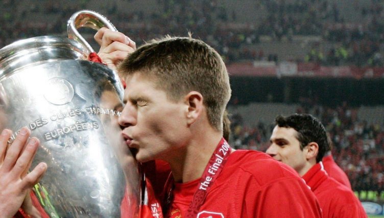 Liverpool's Steven Gerrard kisses the Champions League trophy.