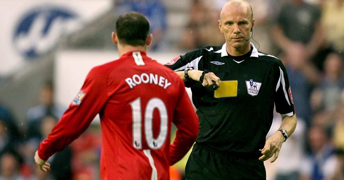 Wayne Rooney is booked by referee Steve Bennett during Manchester United's Premier League match against Wigan Athletic in May 2009.