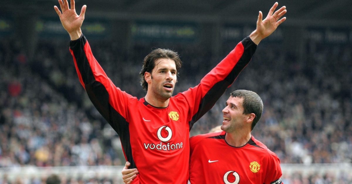 Ruud van Nistelrooy and Roy Keane celebrate scoring for Manchester United against Newcastle United at St James' Park, Newcastle, April 2003.