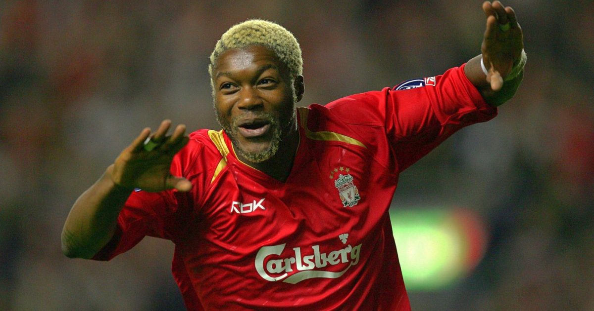 Liverpool's Djibril Cisse celebrates after scoring the third goal against Anderlecht in the Champions League Group G game at Anfield Stadium, Liverpool, 1 November 2005.