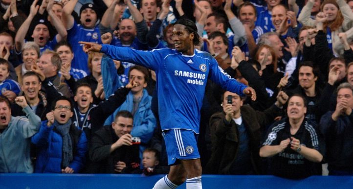 Chelsea striker Didier Drogba celebrates scoring against Watford, Stamford Bridge, November 2006.