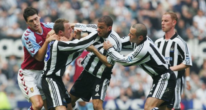 Newcastle players Kieron Dyer and Lee Bowyer figh each other on the pitch. St James' Park, April 2005.