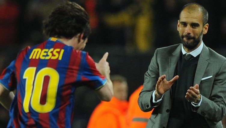 Barcelona's Lionel Messi celebrates scoring with Pep Guardiola during the Champions League Quarter Final vs Arsenal at Nou Camp in Barcelona, Spain on March 6, 2010.