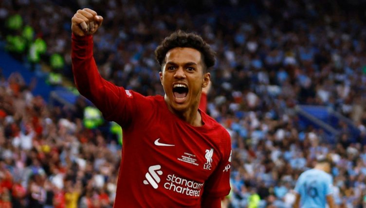Liverpool's Fabio Carvalho celebrates Darwin Nunez's third goal in the Community Shield 2022, Liverpool 3-1 Man City, King Power Stadium, July 30, 2022