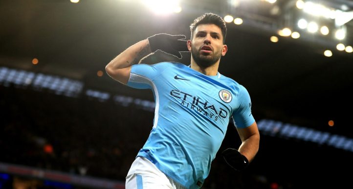 Sergio Aguero celebrates scoring for Manchester City at the Etihad Stadium.