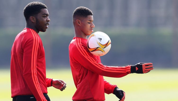 Marcus Rashford (right) and Ro-Shaun Williams during Manchester United training. AON Training Complex, Carrington. March 2016.