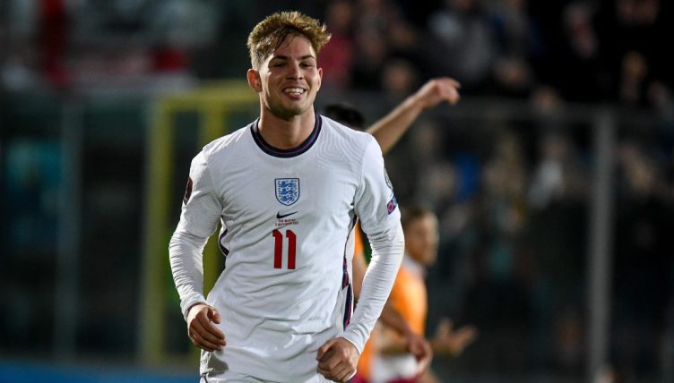 Emile Smith Rowe celebrates after scoring for England.