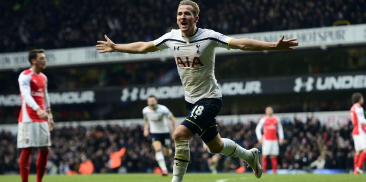 Tottenham's Harry Kane celebrates scoring the winning goal against Arsenal.