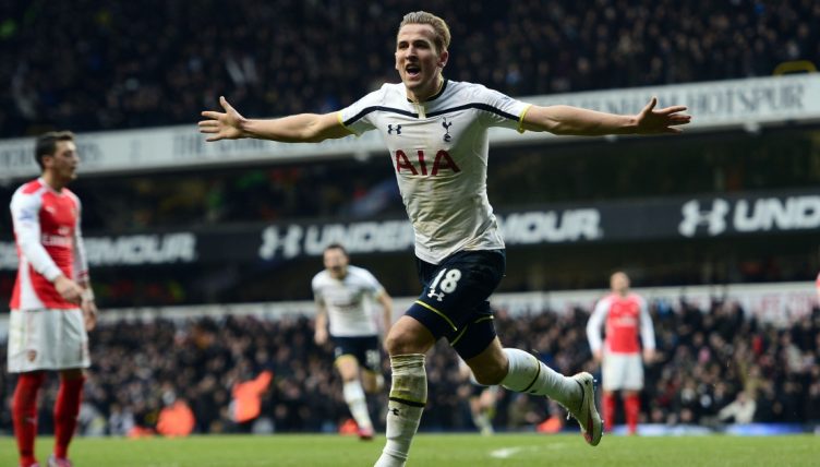 Tottenham's Harry Kane celebrates scoring the winning goal against Arsenal.