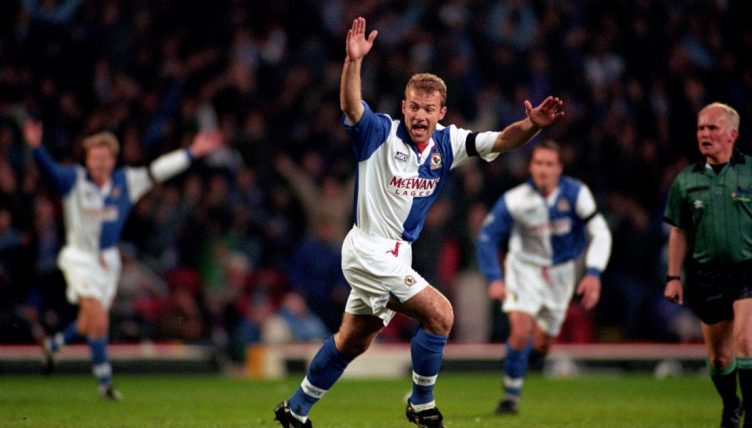 Blackburn Rovers' Alan Shearer celebrates after scoring against Manchester City