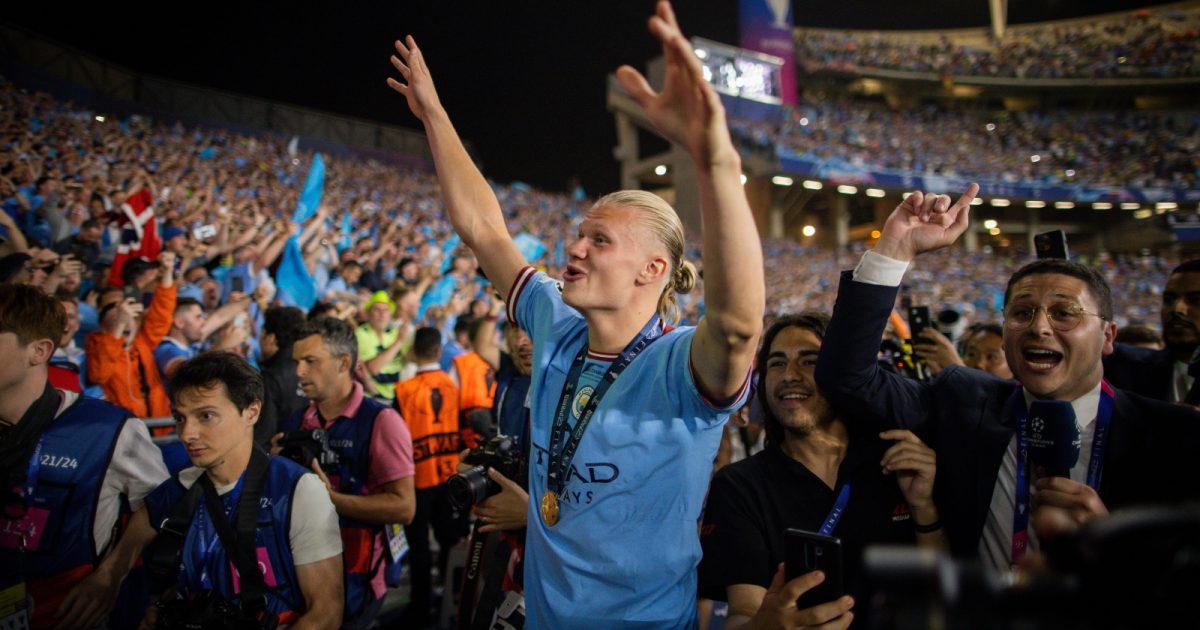 Manchester City striker Erling Haaland celebrates after the UEFA Champions League final at Ataturk Stadium, Istanbul, June 2023.
