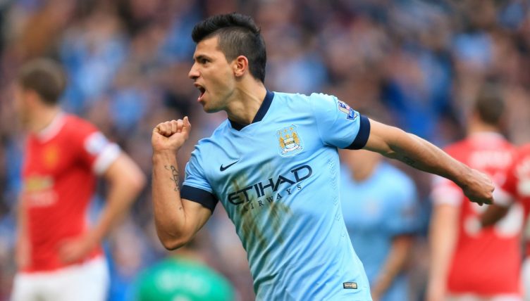Manchester City's Sergio Aguero celebrates after scoring against Manchester United at the Etihad Stadium. November 2014.