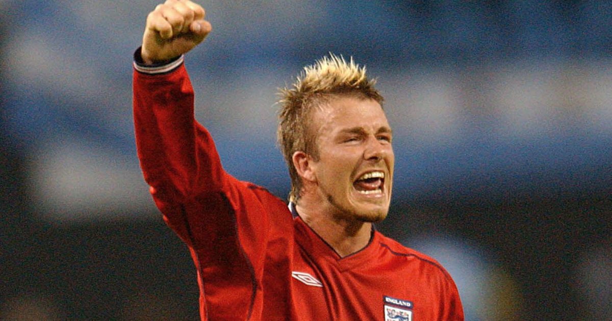 David Beckham celebrates England's victory over Argentina at the 2002 World Cup, Sapporo Dome, Sapporo, Japan, June 2002.
