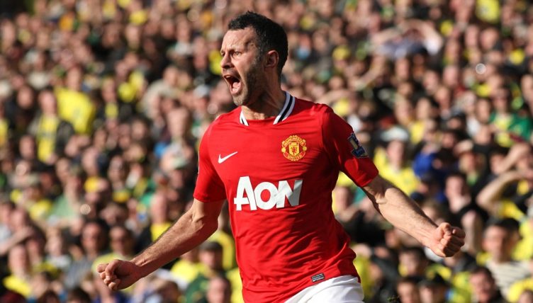 Manchester United's Ryan Giggs celebrates scoring against Norwich City at Carrow Road, Norwich, February 2012.