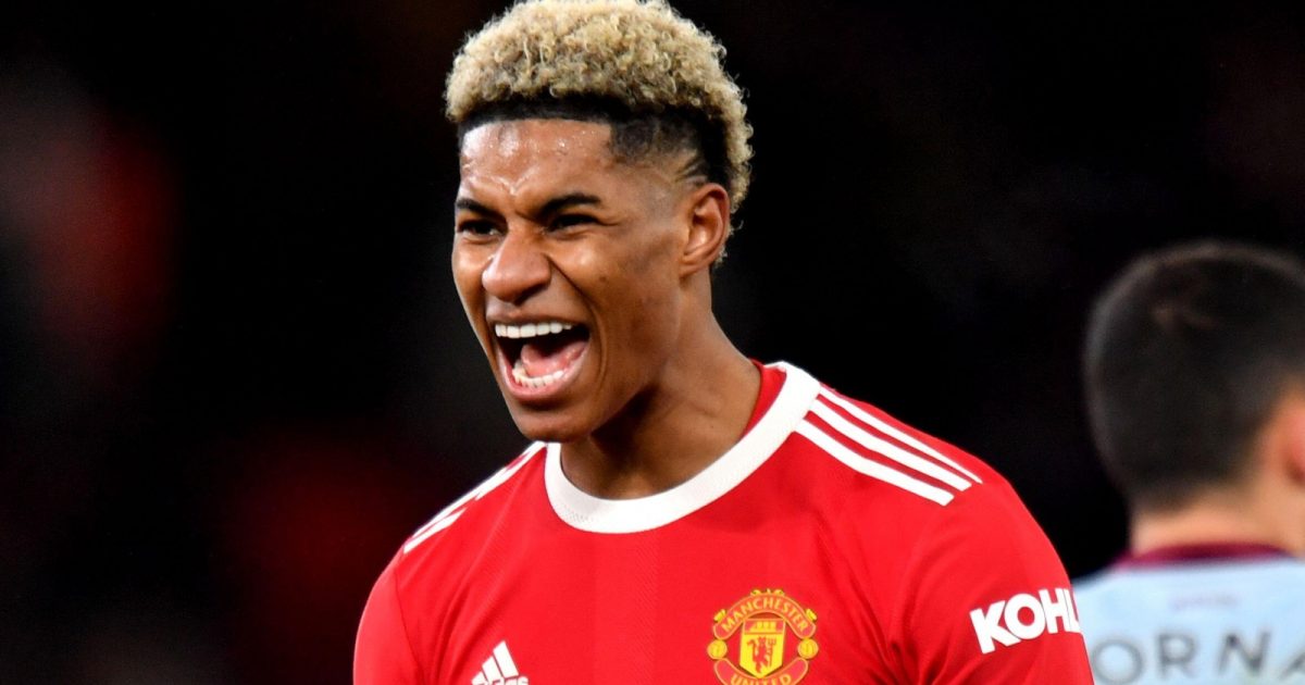 Marcus Rashford celebrates scoring during the Premier League match between Manchester United and West Ham United at Old Trafford, Manchester, January 2022.