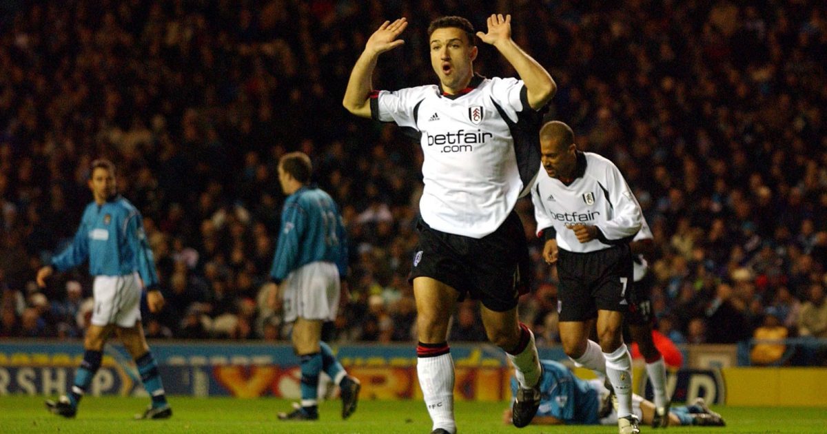 Fulham's Steed Malbranque celebrates scoring the opening goal against Manchester City in the Premier League. Maine Road, January 2003.