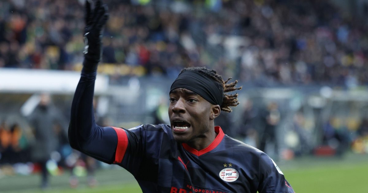 Noni Madueke of PSV Eindhoven celebrates the 1-1 during the Dutch premier league match between Fortuna Sittard and PSV at Fortuna Sittard Stadium on January 15, 2023 in Sittard, Netherlands.
