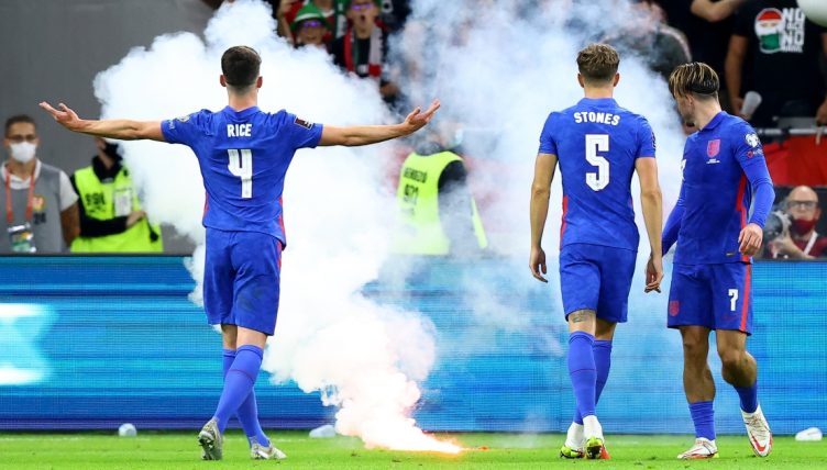 Declan Rice gestures towards Hungary fans during England's 4-0 win.