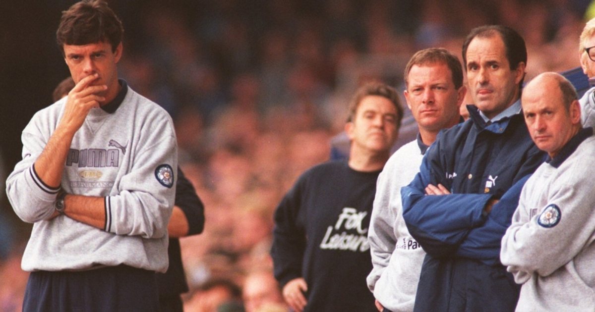 Leeds management duo, David O'Leary and George Graham watch their side lose at Filbert Street