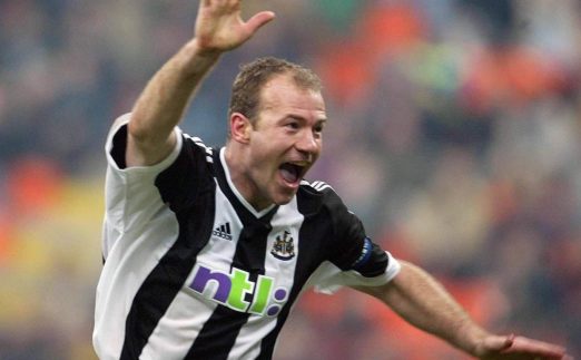 Alan Shearer celebrates scoring for Newcastle against Inter Milan at San Siro. March 2003.