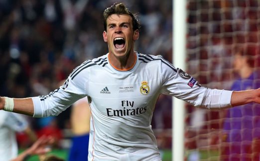 Gareth Bale celebreates scoring in the 2014 Champions League final. May 2014, Lisbon.
