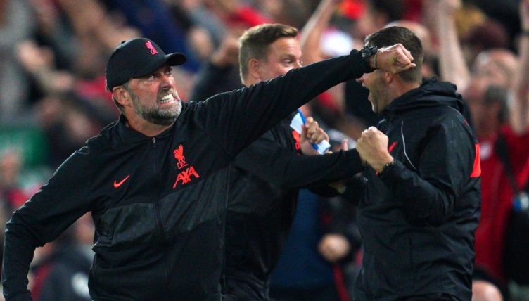 Jurgen Klopp celebrates Liverpool's third goal against AC Milan. September 2021.