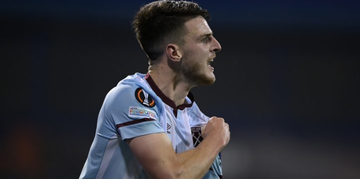 Declan Rice celebrates his goal during West Ham's Europa League win against Dinamo Zagreb.